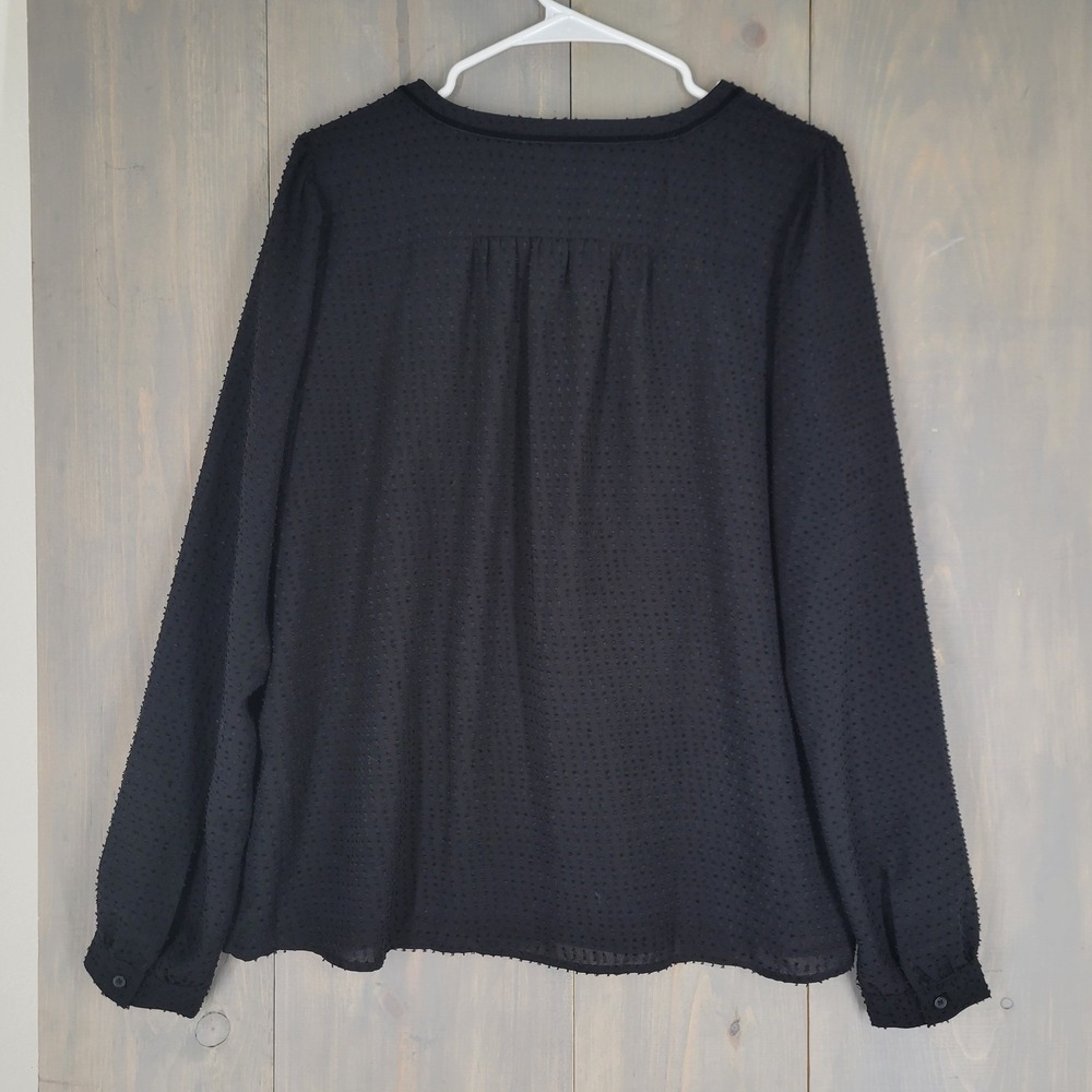 LOFT Blouse Women Large Black Clip Dot Velvet Trim Split Neck Long Sleeve Top - Picture 2 of 8